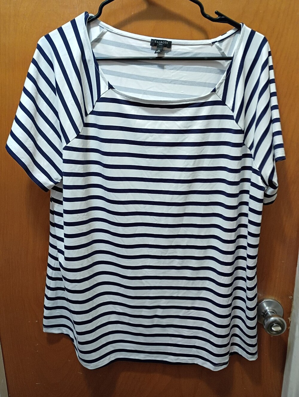 Talbots Navy and White Striped Short-Sleeve Scoop Neck Top